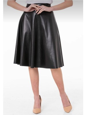 Midi Boy Deri Kiloş Etek Leather Skirt 0041
