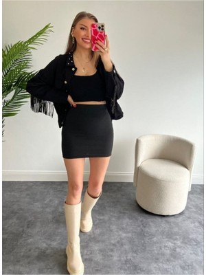 Giyim Odası Suhis Siyah Dar Mini Etek  Uzun Lastikli Bel Örme Kumaş Casual Kullanım İçin