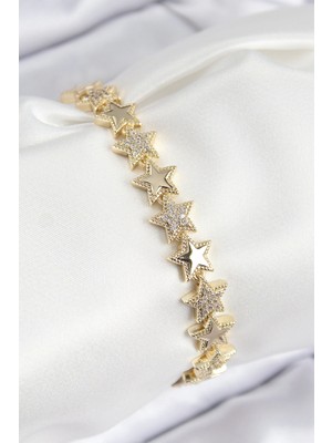Vıp Pirinç Zirkon Taşlı Yıldız Model Gold Renk Kadın Bileklik