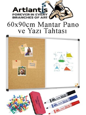 Çift Fonksiyonlu Yazı Tahtası ve Mantar Pano 60X90 Cm, Alüminyum Çerçeve, Kalem Dahil