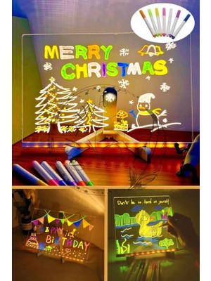 20X20CM LED Işıklı Neon Yazı Tahtası, 7 Kalem Hediyeli, Işıklı Yazı ve Not Tahtası