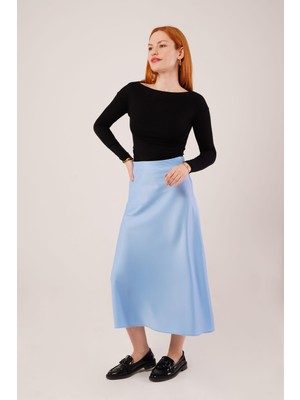 Çan Kesim Midi Mavi Saten Etek