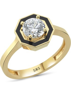 14 Ayar Altın Siyah Mineli Taşlı Sekizgen Yüzük