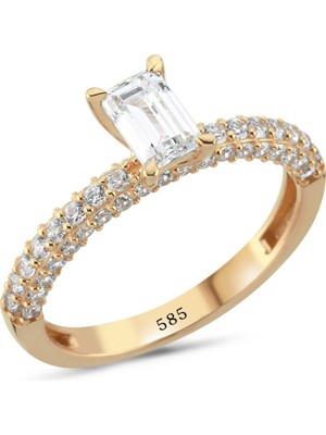 14 Ayar Altın Açık Bant Zirkon Taşlı Tektaş Baget Yüzük