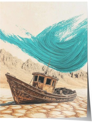 Çerçevesiz Poster, Deniz Dalgası ve Tekne-Eskitme, Salon Dekoru Poster No: 111148
