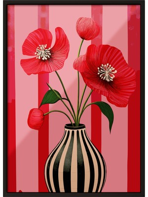 Siyah Çerçeveli Tablo, Kırmızı Fon Gelincik, Salon Dekoru Poster No: 111678