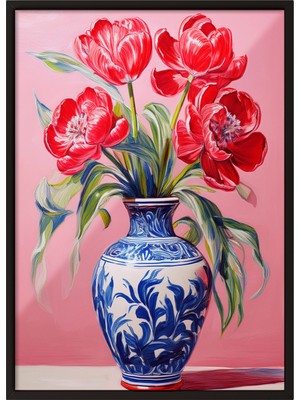 Siyah Çerçeveli Tablo, Vazoda Kırmızı Laleler, Salon Dekoru Poster No: 111589