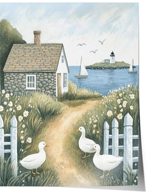 Çerçevesiz Poster, Kırsal Köy Evi Illüstrasyonu, Salon Dekoru Poster No: 111430