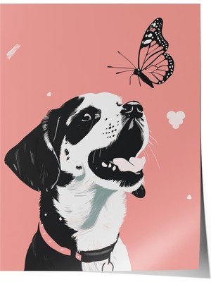 Çerçevesiz Poster, Köpek ve Kelebek Illüstrasyonu, Çocuk Odası Dekoru Poster No: 112218
