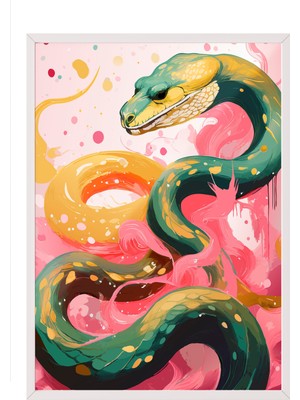 Beyaz Çerçeveli Tablo, Sanatsal Yılan Çizimi, Salon Dekoru Poster No: 112209