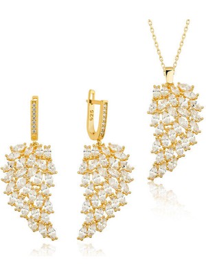 Melek Kanadı  Tasarımlı Zirkon Taş 925 Ayar Gümüş Kadın Set