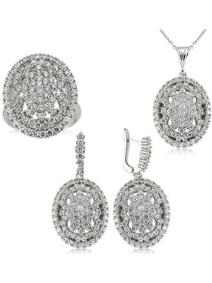Zirkon Taşlı Oval  925 Ayar Gümüş Kadın Set