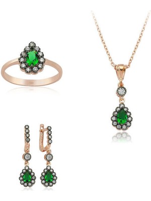 Yeşil Taşlı Damla 925 Ayar Gümüş Kadın Set