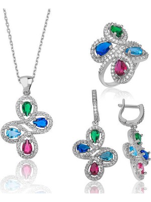 Damla Çiçegi Zirkon Taş 925 Ayar Gümüş Kadın Set