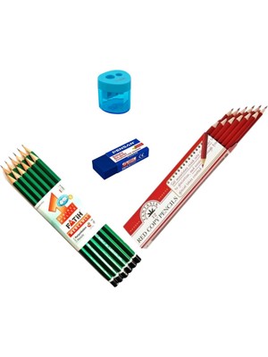 Kırmızı Kurşun Kalem 12'li, Silgi ve Kalemtraş Seti, Kopya ve Yazım Kalemi