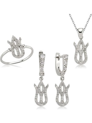 Lale Tasarımı Zirkon Taş 925 Ayar Gümüş Kadın Set