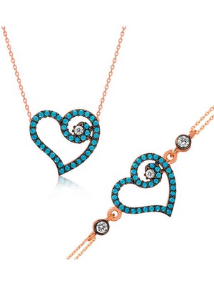 Kalp Tek Taş 925 Ayar Gümüş Kadın Set