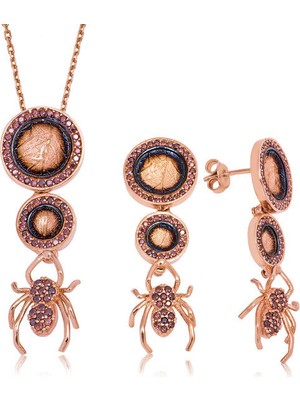 Örümcek ve Yaprak  Zirkon Taş 925 Ayar Gümüş Kadın Set