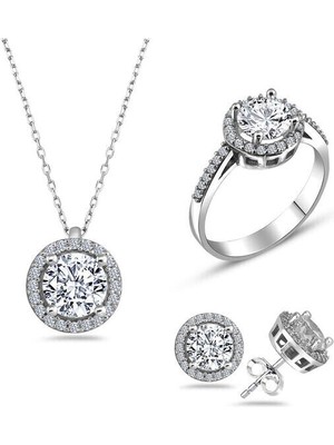 Yuvarlak Montur Tek Taş 925 Ayar Gümüş Kadın Set