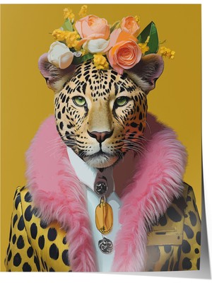 Çerçevesiz Poster, Çiçekli Leopar Portre, Salon Dekoru Poster No: 112374