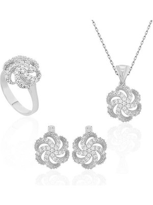 Çiçek Desenli Zirkon Taş 925 Ayar Gümüş Kadın Set