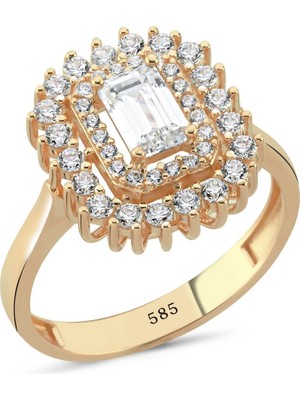 14 Ayar Altın Halo Zirkon Taşlı Baget Yüzük