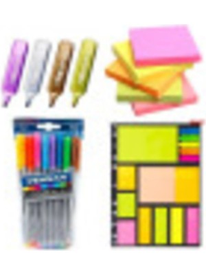 Renkli Fosforlu Kalem, Post-It ve Tükenmez Kalem Seti, Çok Renkli, Kullanışlı
