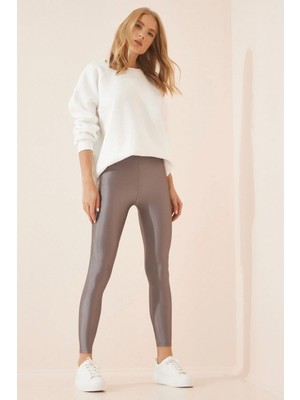 Iç Giyim Derya Kurşun Esnek Kumaş Rahat Kesim Yüksek Bel Kalın Kemerli Parlak Disco Tayt