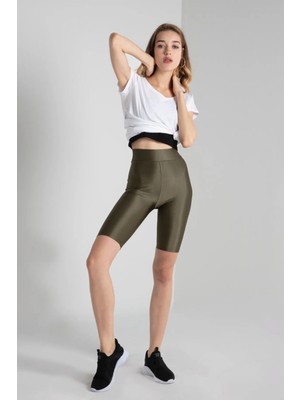 Iç Giyim Derya Kurşun Esnek Kumaş Rahat Kesim Yüksek Bel Parlak Diz Üsttü Bisikletçi Tayt