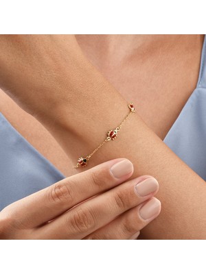 14 Ayar Altın Kaplama Minimal Mineli Uğur Böceği  Gümüş Bileklik - BE00102