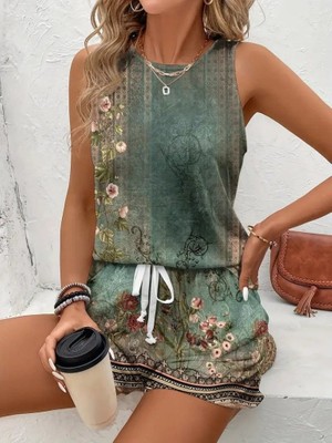 Gökyüzü Moda Kadın Askılı Yuvarlak Yaka Çiçek Baskılı Süprme Bluz ve Short Ikili Takım