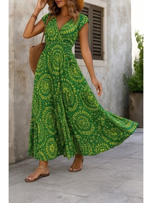 Nidam Butik Kadın Kısa Yarasa Kanat Kollu V Yakalı Beli Büzgülü Süprem Elbise