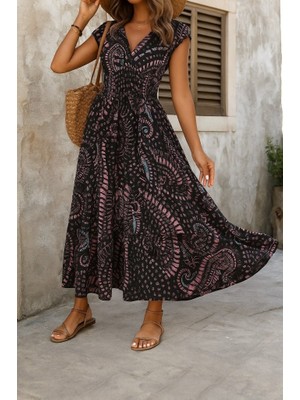 Arben Boutique Kadın Kısa Yarasa Kanat Kollu V Yakalı Beli Büzgülü Süprem Elbise