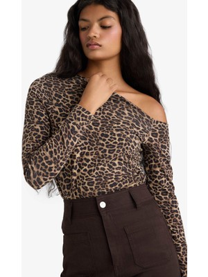 DeFacto Slim Fit Dar Kesim Tek Omuzlu Leopar Desenli Uzun Kollu Bluz G0290AX25AU