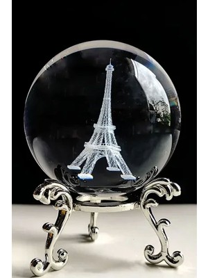 3D Kristal Top, Meditasyon ve Şifa Amacıyla Cam ve Metal Standlı Eyfel Kulesi Modeli