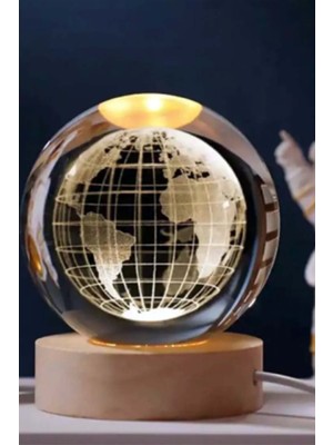 Işıklı Cam Küre Dünya 3D Led, Şeffaf ve Ahşap Altlıklı Dekorasyon Ürünü