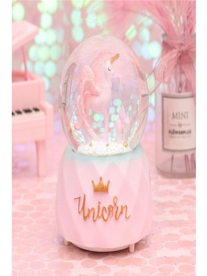 Pembe Unicorn Temalı Işıklı ve Müzikli Büyük Boy Kar Küresi
