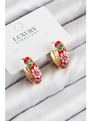 Pirinç Gold Renk Kırmızı Çiçek Işleme Mineli Kadın Küpe - EBJ250816W37306
