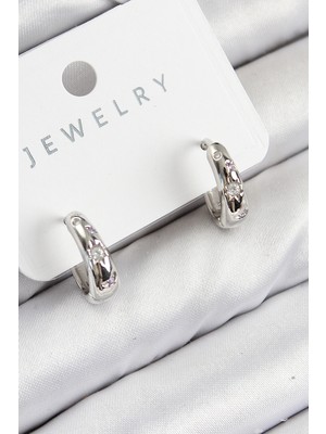 Pirinç Zirkon Taşlı Halka Model Gümüş Renk Kadın Küpe - EBJ250816W37158