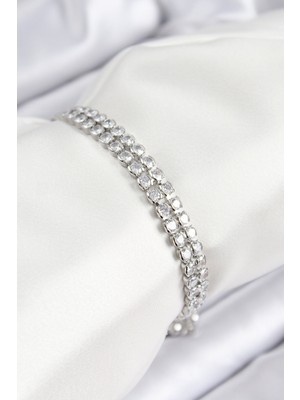 Pirinç Zirkon Taşlı Çift Sıra Model Gümüş Renk Asansörlü Kadın Bileklik - EBJ250816W37445