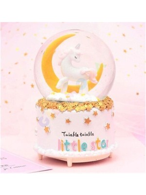 Ay Üzerinde Unicorn Temalı Işıklı Müzikli Kar Küresi, Beyaz, Huzur ve Neşe Getirir