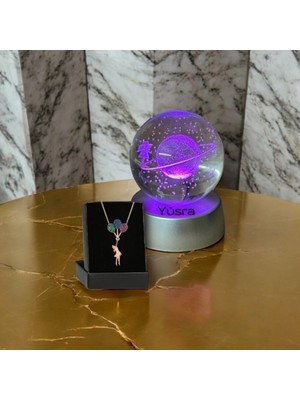 Kişiye Özel Satürn Kız Küre Dolunay Lamba Kristal Top ve Uçan Balonlu Kolye