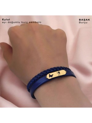 14 Ayar Altın Plakalı Başak Burçları Için Lacivert Derili Kelebek Motifli Hediye BILEKLIK-616BURÇ