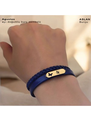 14 Ayar Altın Plakalı Aslan Burçları Için Lacivert Derili Kelebek Motifli Hediye BILEKLIK-616BURÇ