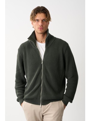 Erkek Regular Fit Selanik Örgü Pamuklu Fermuarlı Haki Triko Hırka