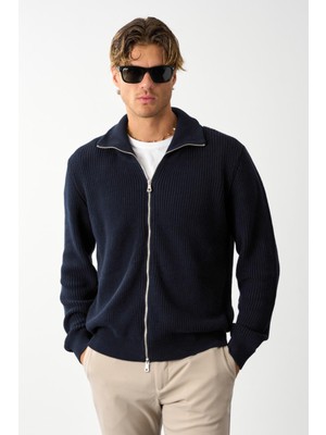 Odelon Lacivert Regular Fit Erkek Triko Hırka Pamuklu Selanik Örgü Düz Desenli Rahat ve Şık