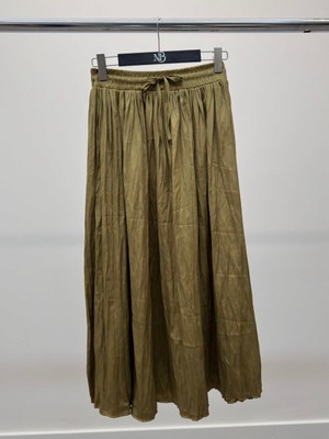 Kadın Crushlı Bağcıklı Midi Yağ Yeşili Etek