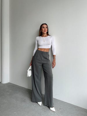 Kadın Tokalı Yüksek Bel Antrasit Palazzo Pantolon