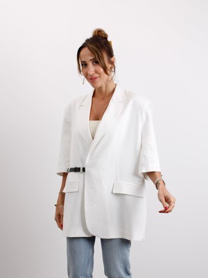 Kadın Kruvaze Yaka Kemerli Beyaz Keten Ceket