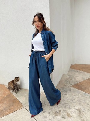 Kadın Mavi Denim Gömlek Pantolon Takım